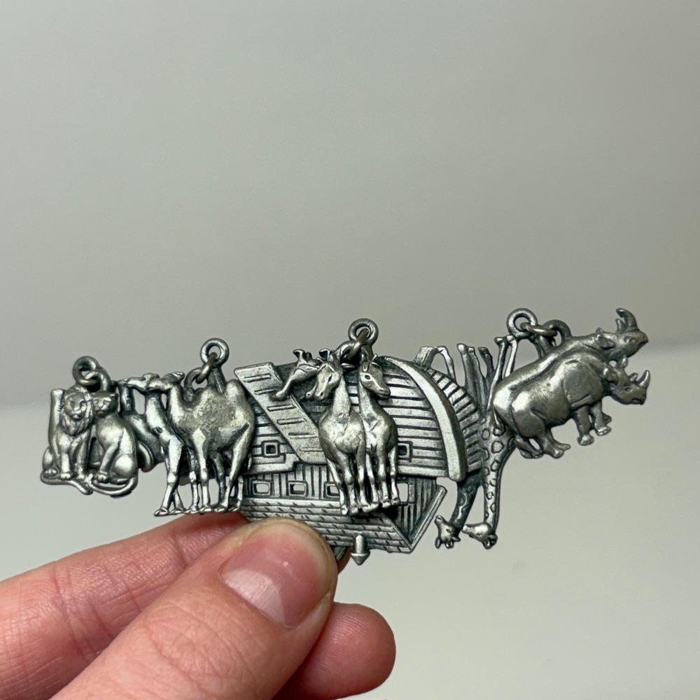 Vintage JJ Jonette Noahs Ark Dangle Brooch Silver Tone Pewter Animal Charms Pin